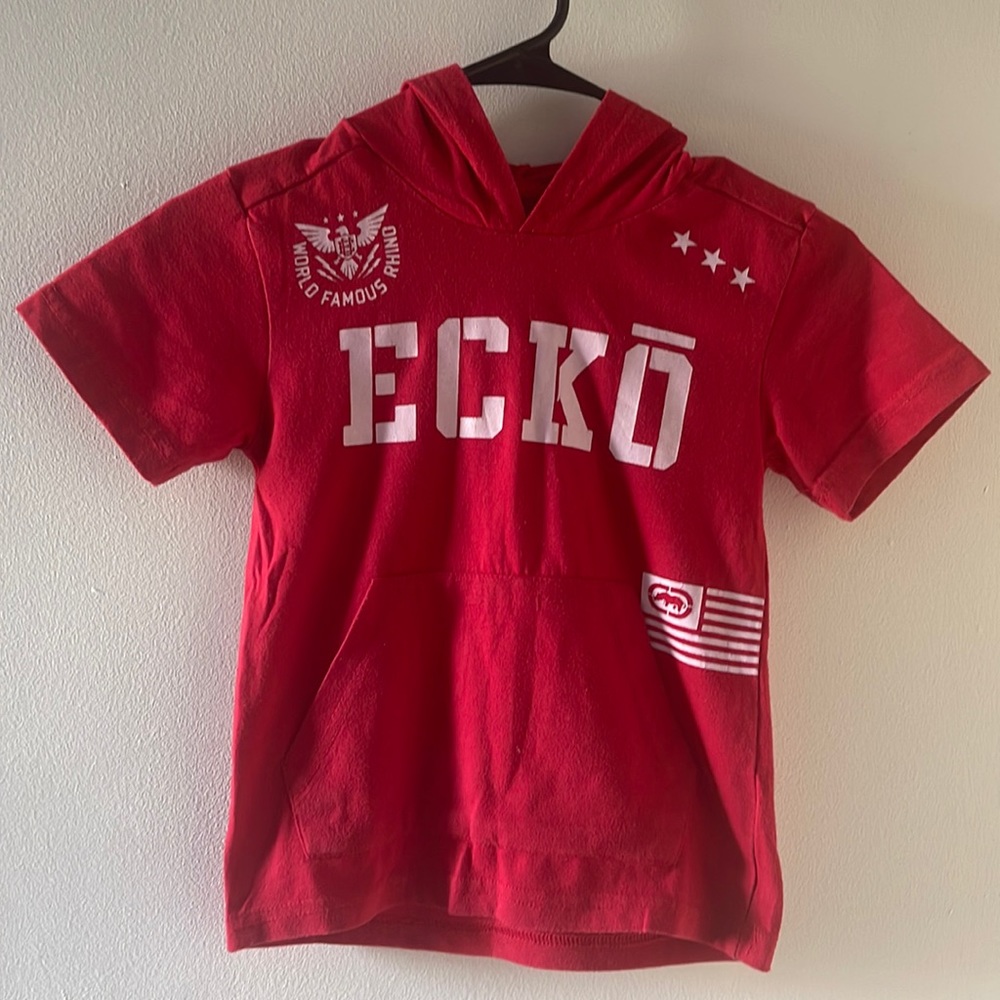 Ecko unltd red hooded t-shirt (size: 5/6)
